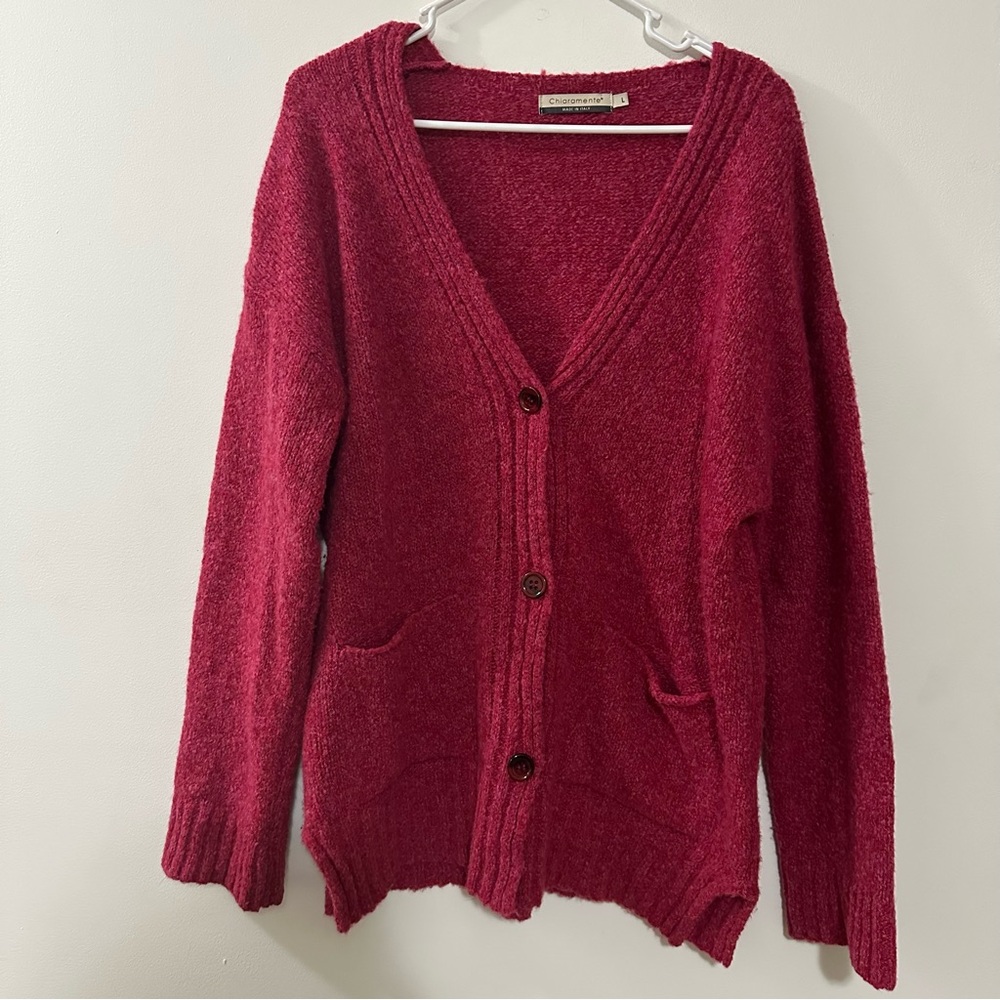 Chiaramente Women's‎ Sz L Pink Wool Blend Button Up Knit V-neck Cardigan Sweater